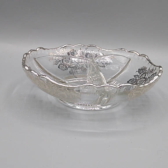 Heisey Glass 3 Section Divided Relish Condiment Dish Sterling Silver Overlay Vtg - Picture 2 of 11